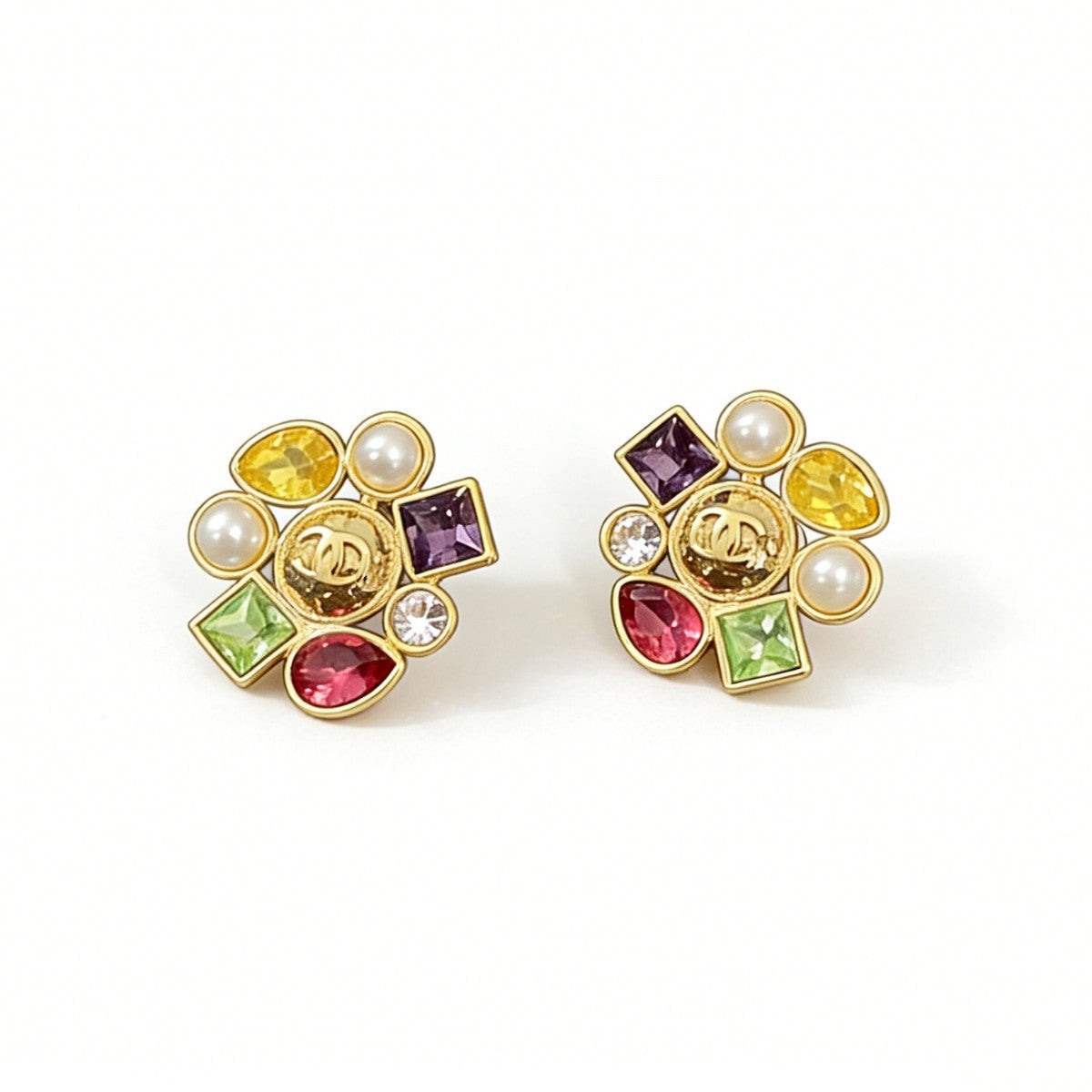 Candy‑Color Square Gem Double‑C Earrings – Gold Flower Base with Baroque Pearl