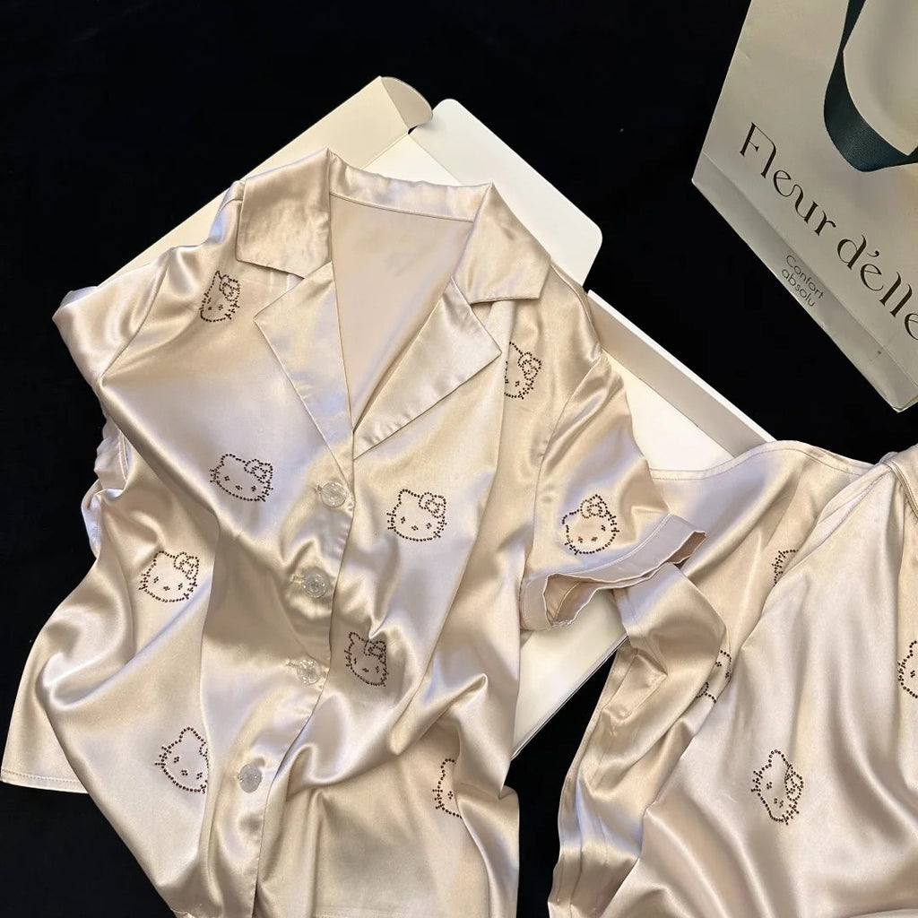 French Chic Rhinestone Cat Pajama Set – Short Sleeve + Shorts, S-3XL