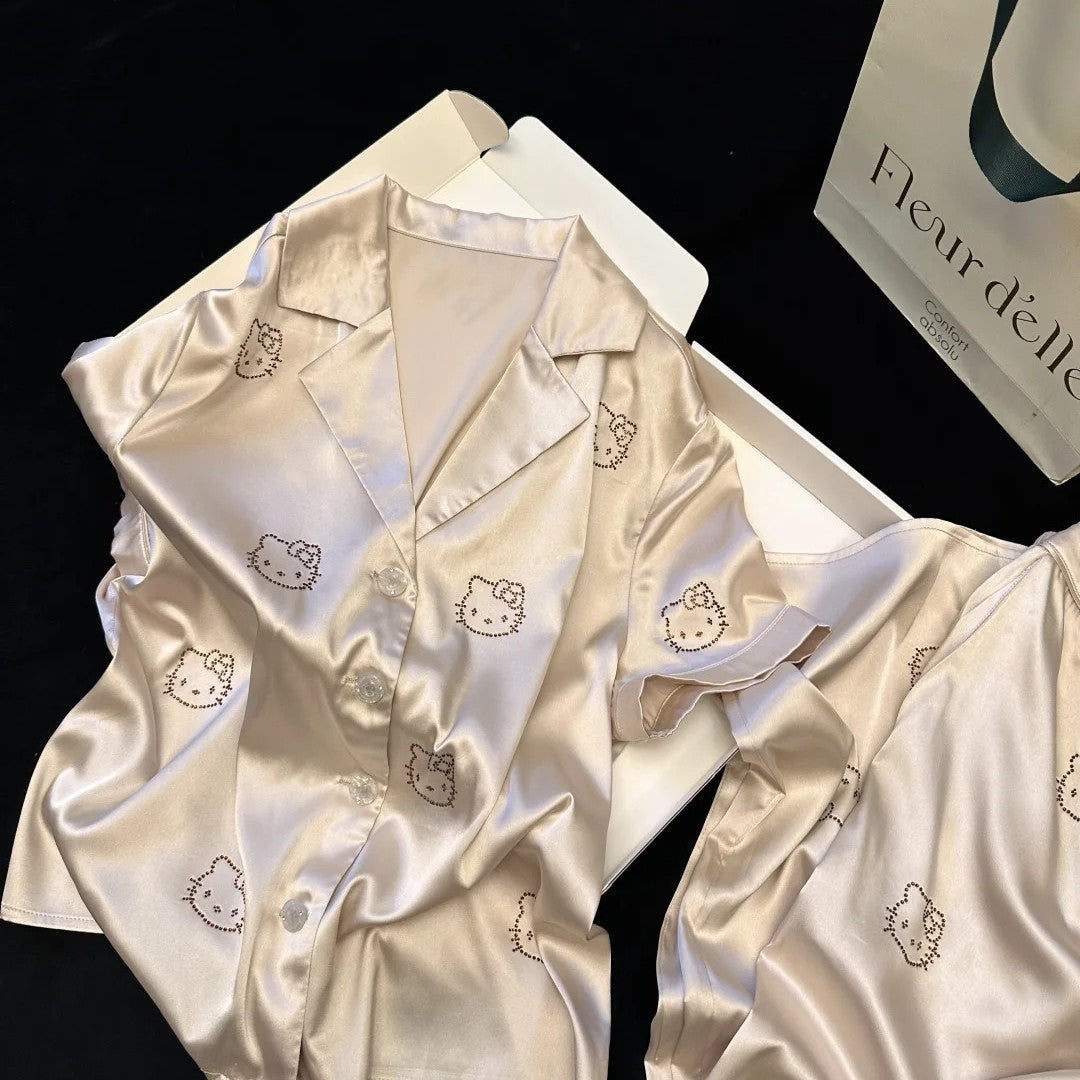 French Chic Rhinestone Cat Pajama Set – Short Sleeve + Shorts, S-3XL