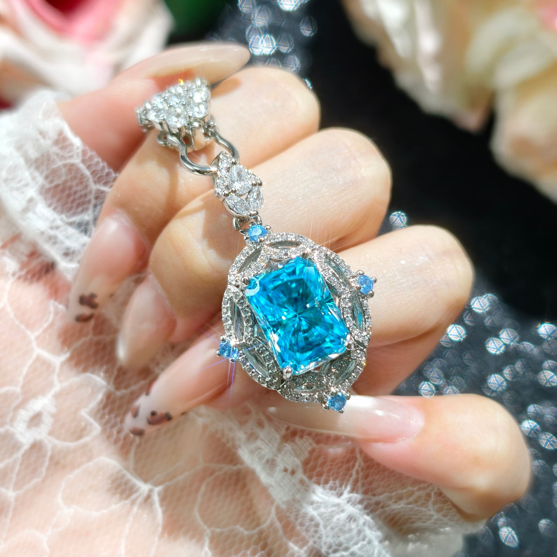 Radiant Cut Aqua Zirconia Set – Pendant, Chain, Ring & Earrings