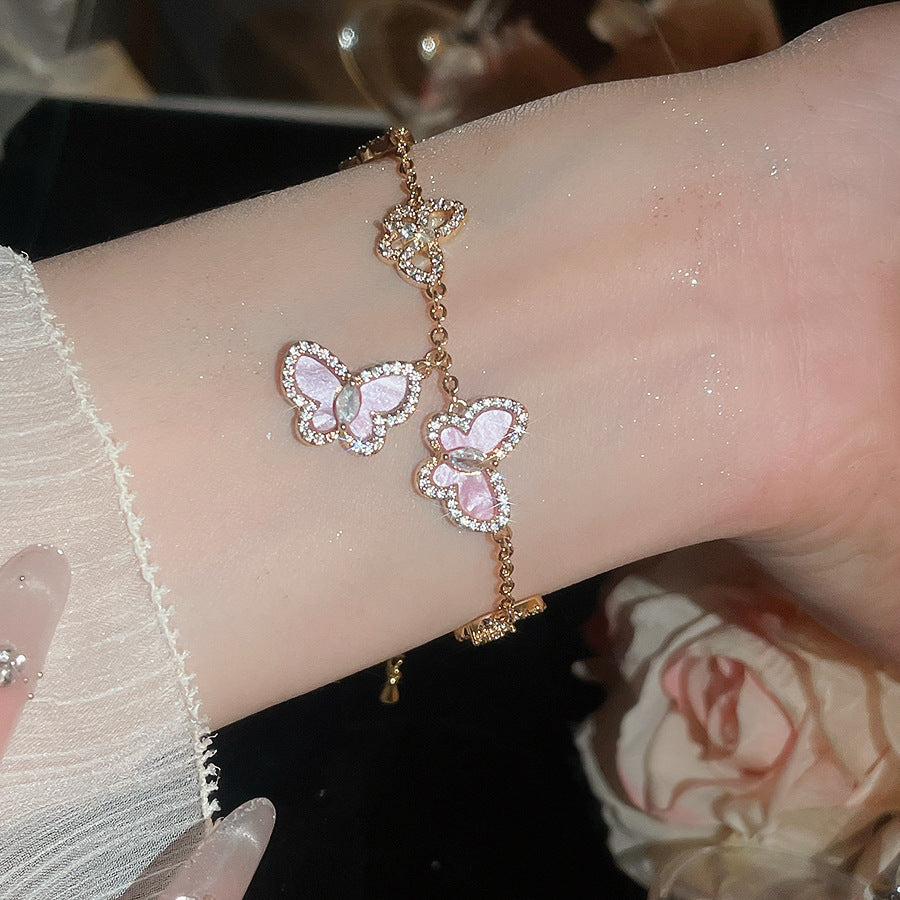 Layered Butterfly Chain Bracelet – Vintage Gold Tone with Purple/Pink/White/Blue Zirconia