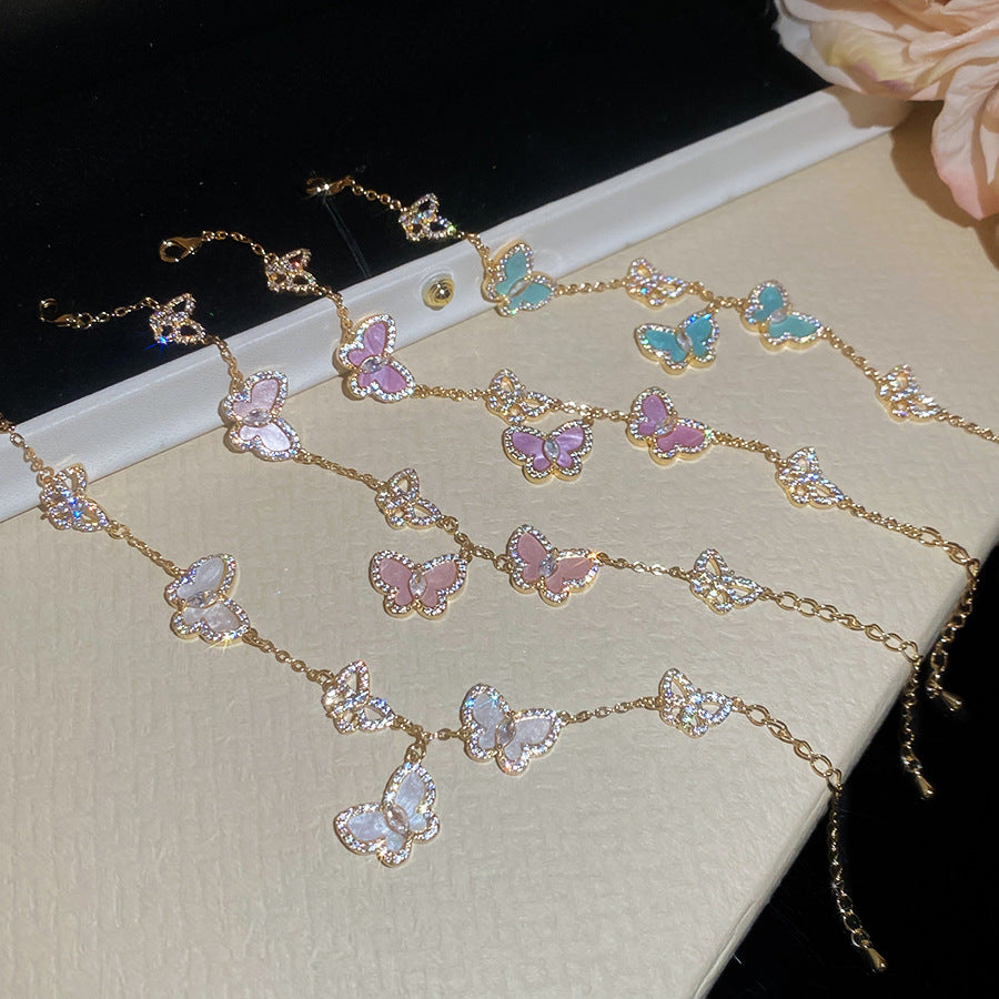 Layered Butterfly Chain Bracelet – Vintage Gold Tone with Purple/Pink/White/Blue Zirconia
