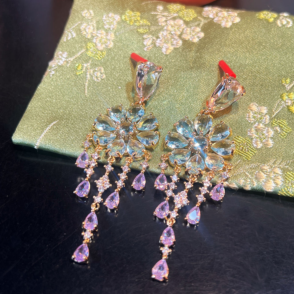 Tassel Flower Cubic Zirconia Earrings – 925 Silver, Light Blue