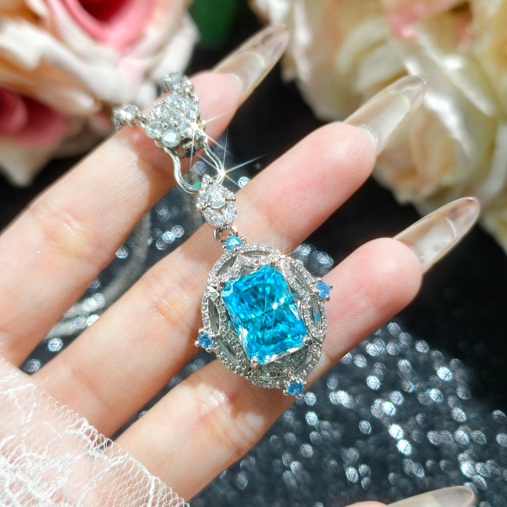 Radiant Cut Aqua Zirconia Set – Pendant, Chain, Ring & Earrings