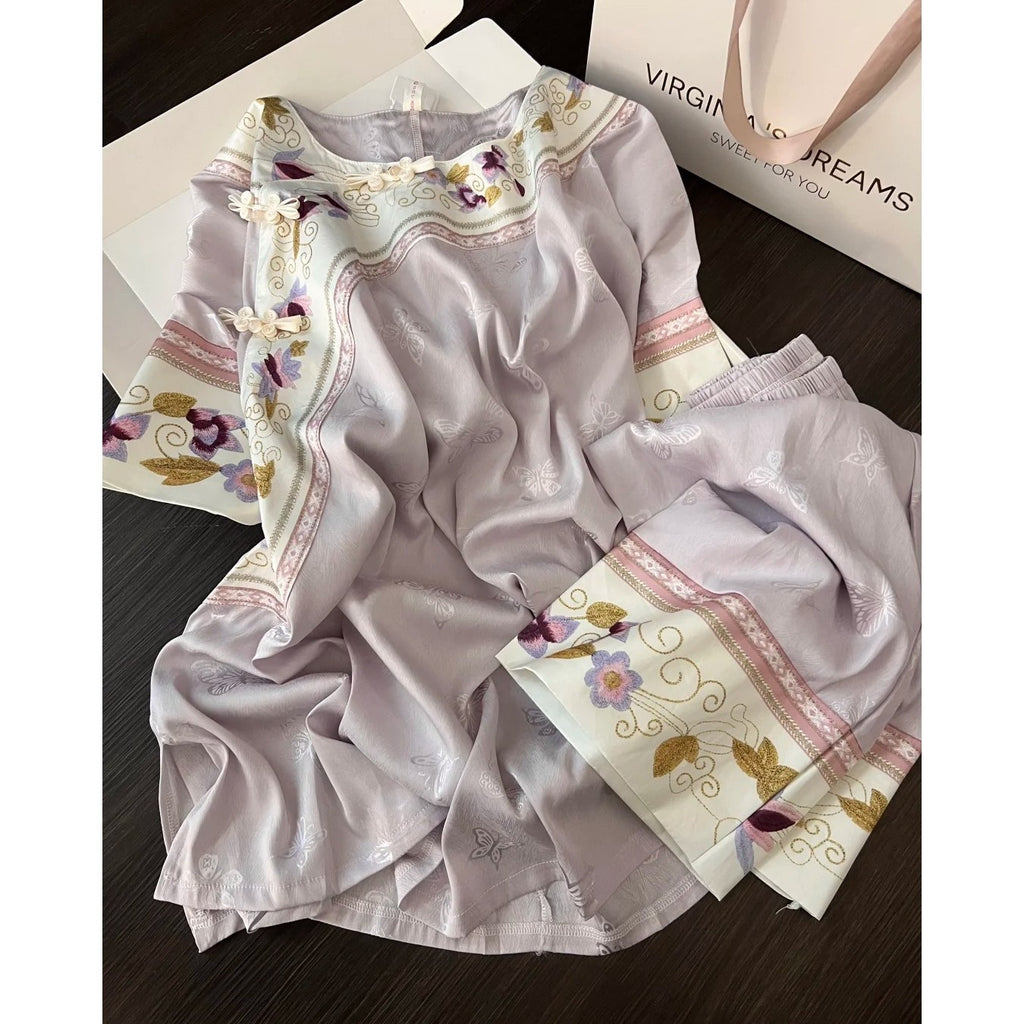 Vintage Purple Floral Pajama Set – Summer Short Sleeve + Long Pants, S-3XL