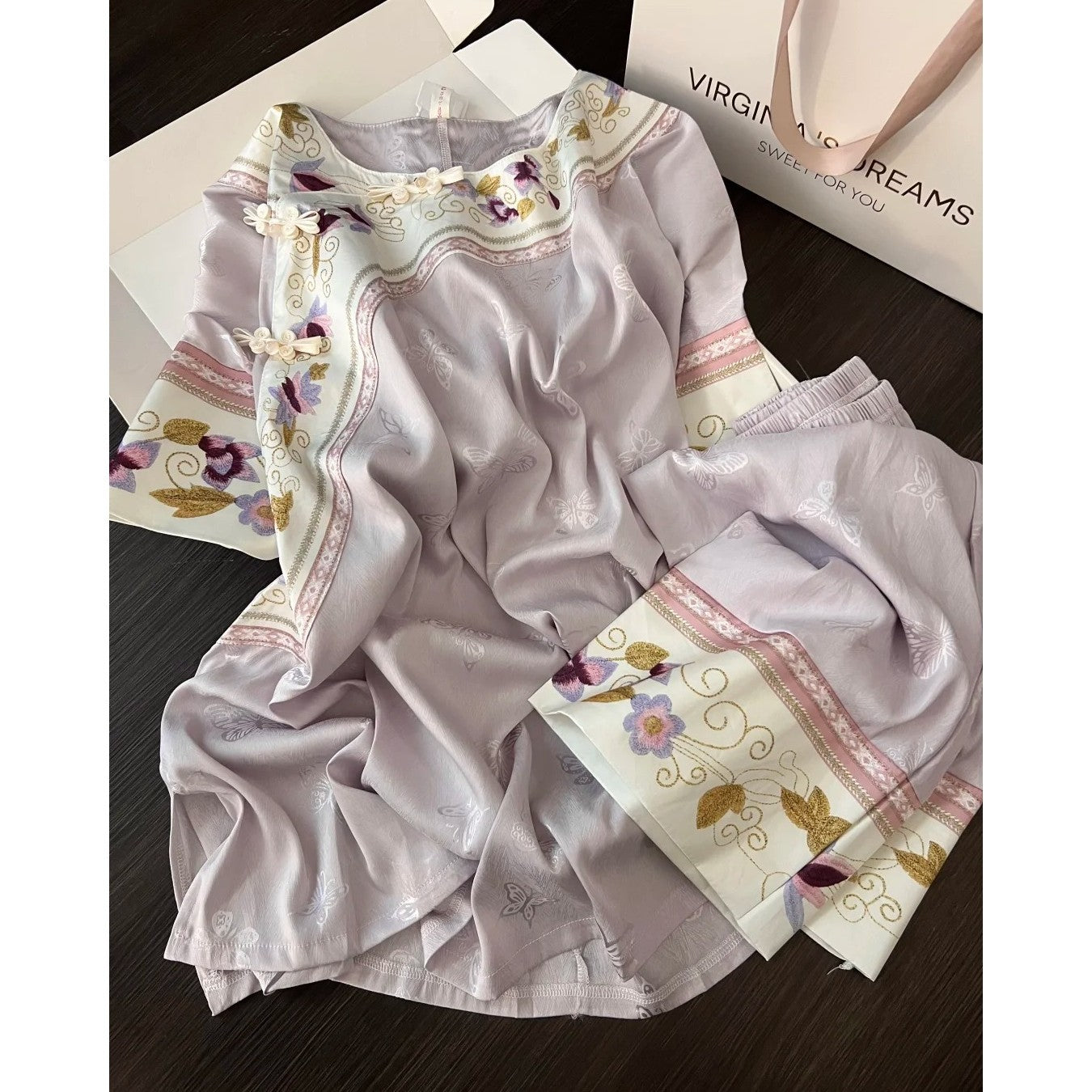Vintage Purple Floral Pajama Set – Summer Short Sleeve + Long Pants, S-3XL
