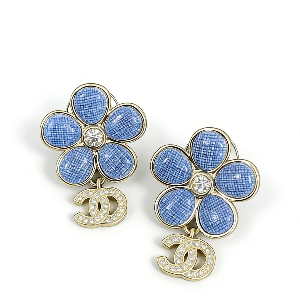 Blue Flower Double‑C Earrings – Cubic Zirconia Blossom with Interlocking C Detail