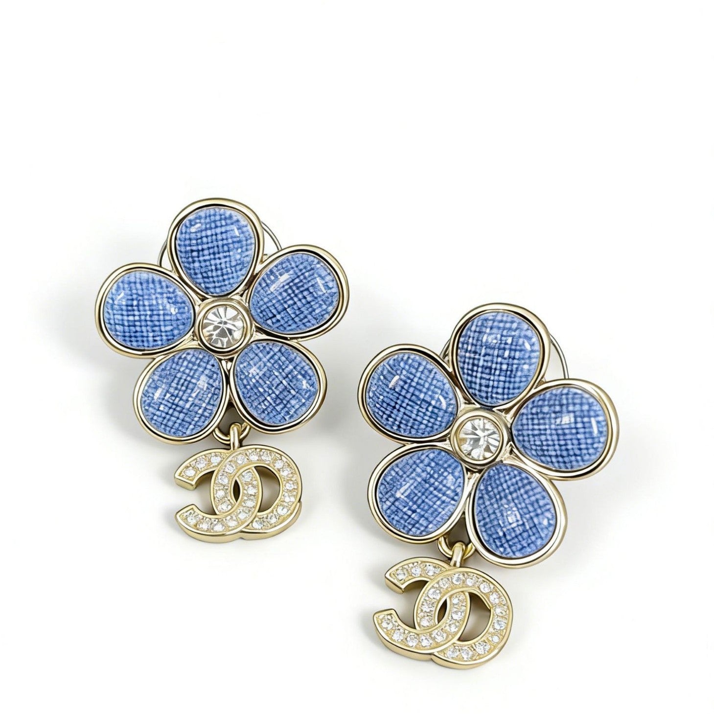 Blue Flower Double‑C Earrings – Cubic Zirconia Blossom with Interlocking C Detail