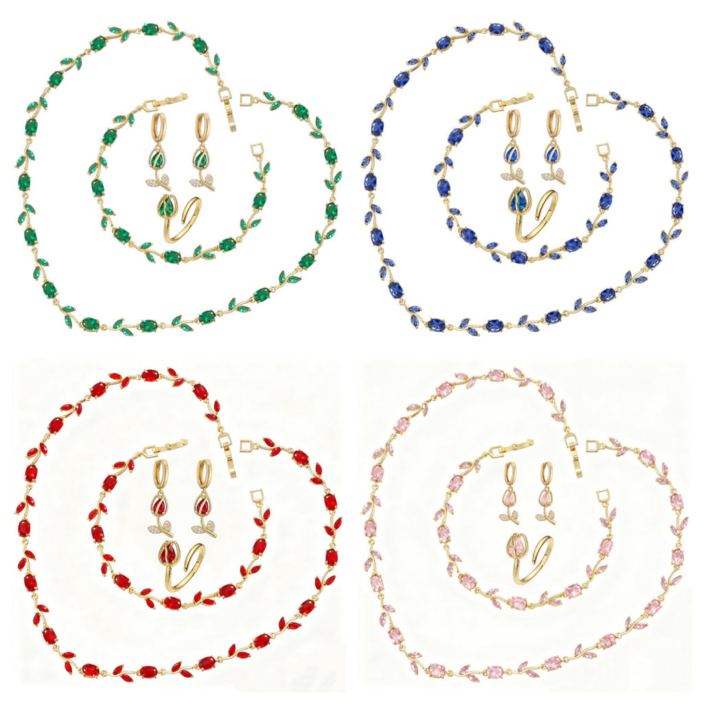 Spring Tulip Set – Sparkling Flower Necklace & Bracelet in Gold or Silver Tone