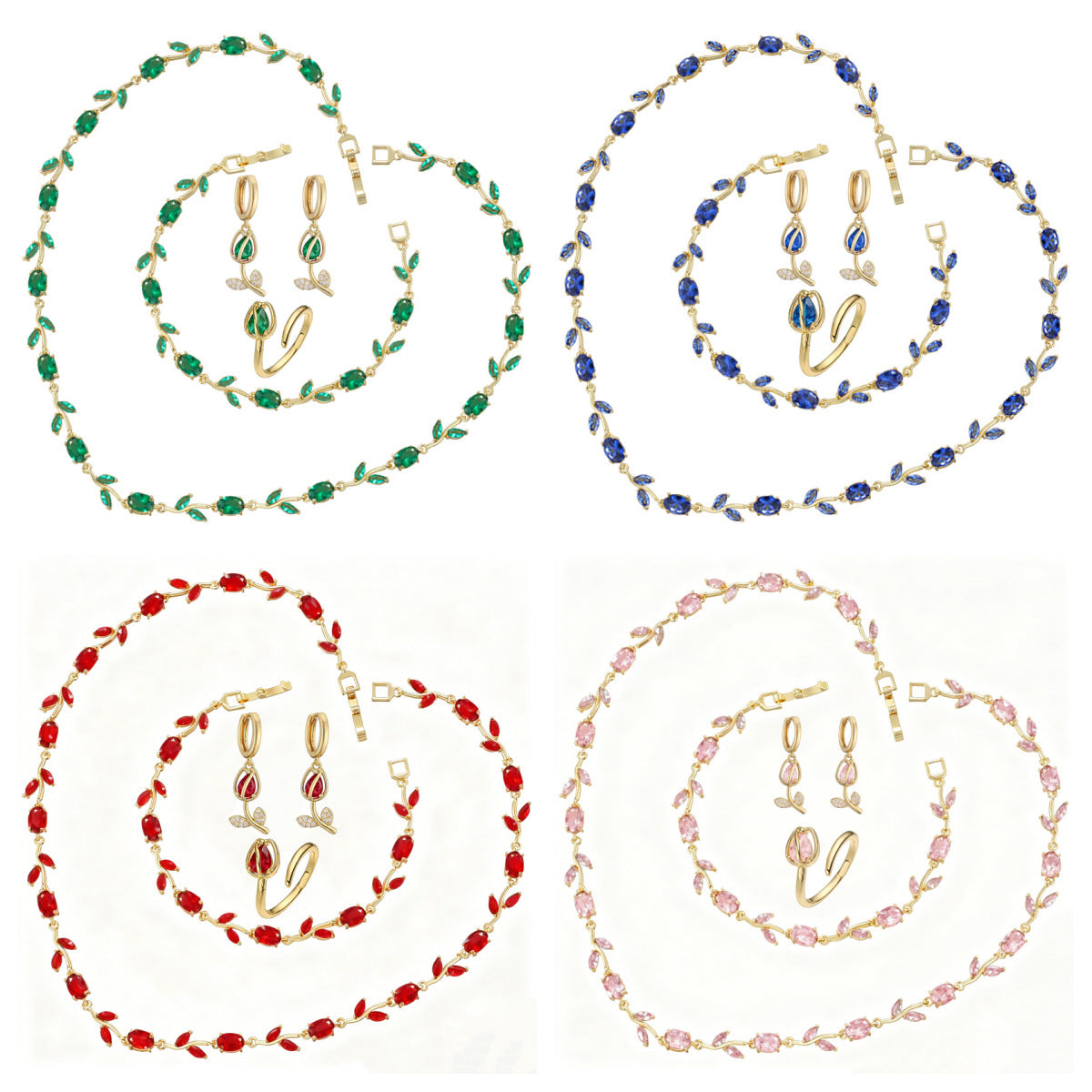 Spring Tulip Set – Sparkling Flower Necklace & Bracelet in Gold or Silver Tone
