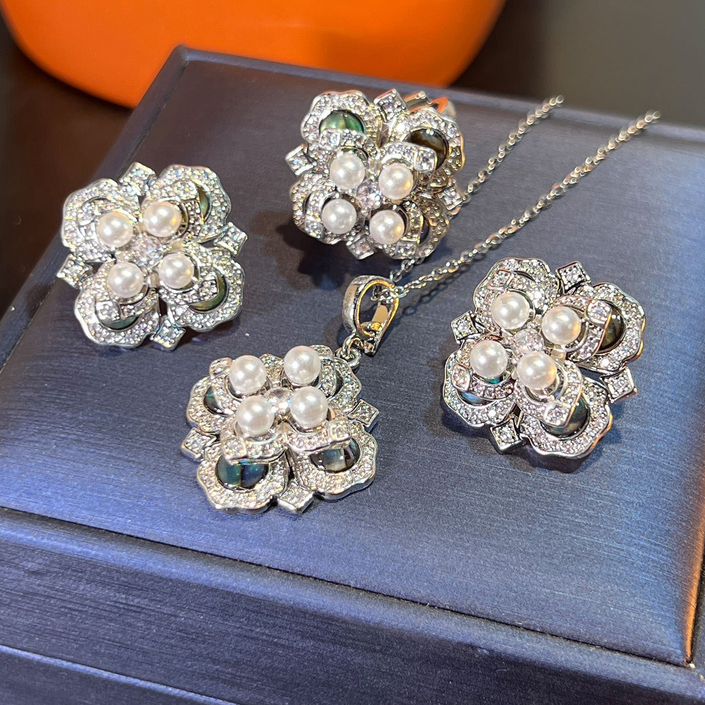 Abalone Shell & Pearl Set – Gold or Silver, Earrings/Necklace/Ring
