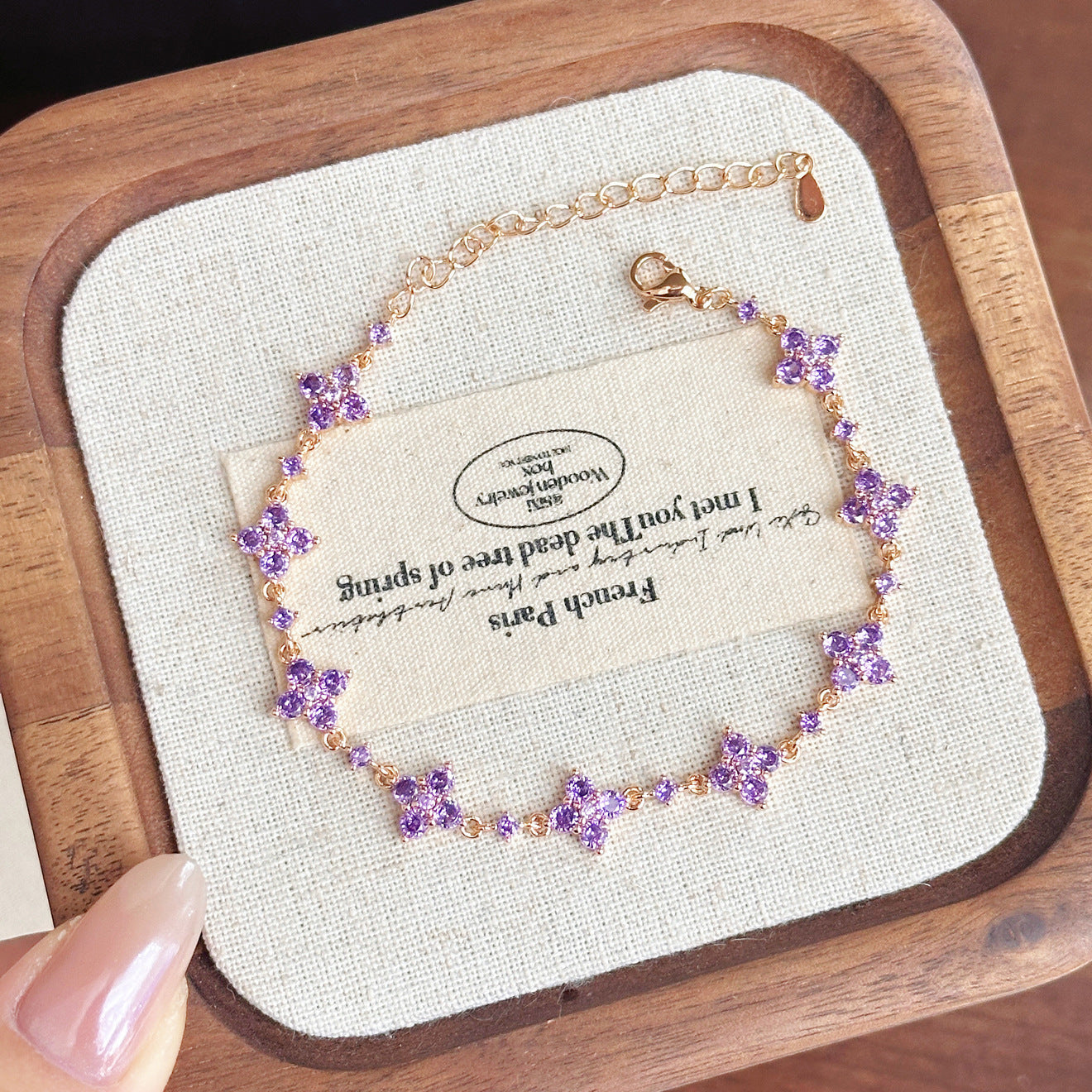 Vintage Four‑Leaf Clover Bracelet – Purple Zirconia, 3 Gold Tones