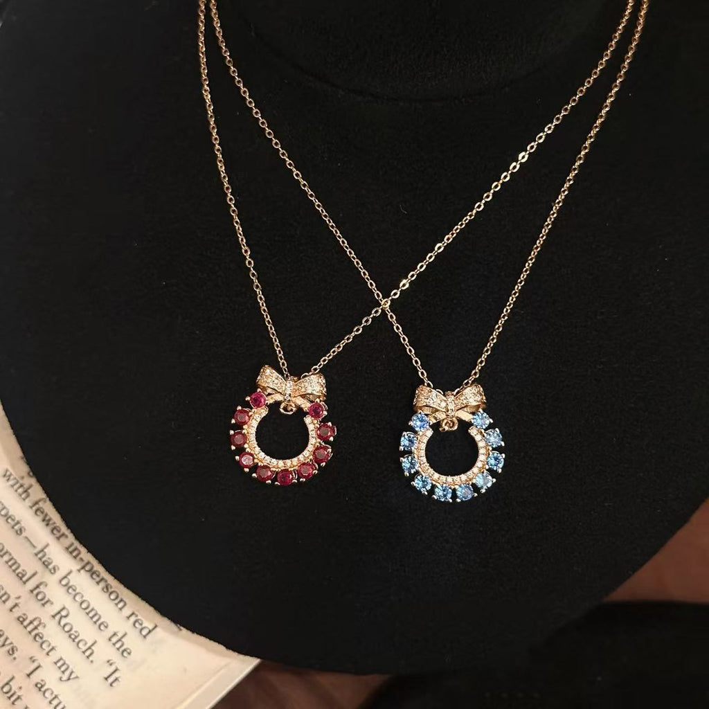 Candy Bow Necklace – Champagne Gold with Blue or Red Pendant