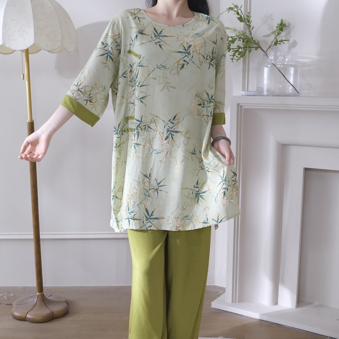 Flowy Wide-Leg Loungewear – Vintage Oriental Print, One Size Fits Most