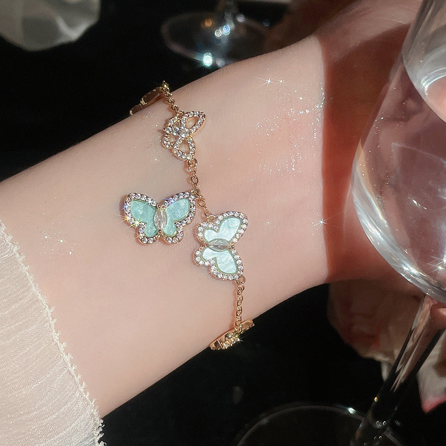 Layered Butterfly Chain Bracelet – Vintage Gold Tone with Purple/Pink/White/Blue Zirconia