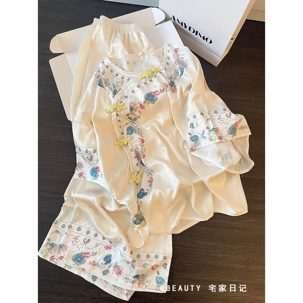New Chinese Jacquard Short-Sleeve Pajama Set – Short Sleeve + Long Pants, S-3XL
