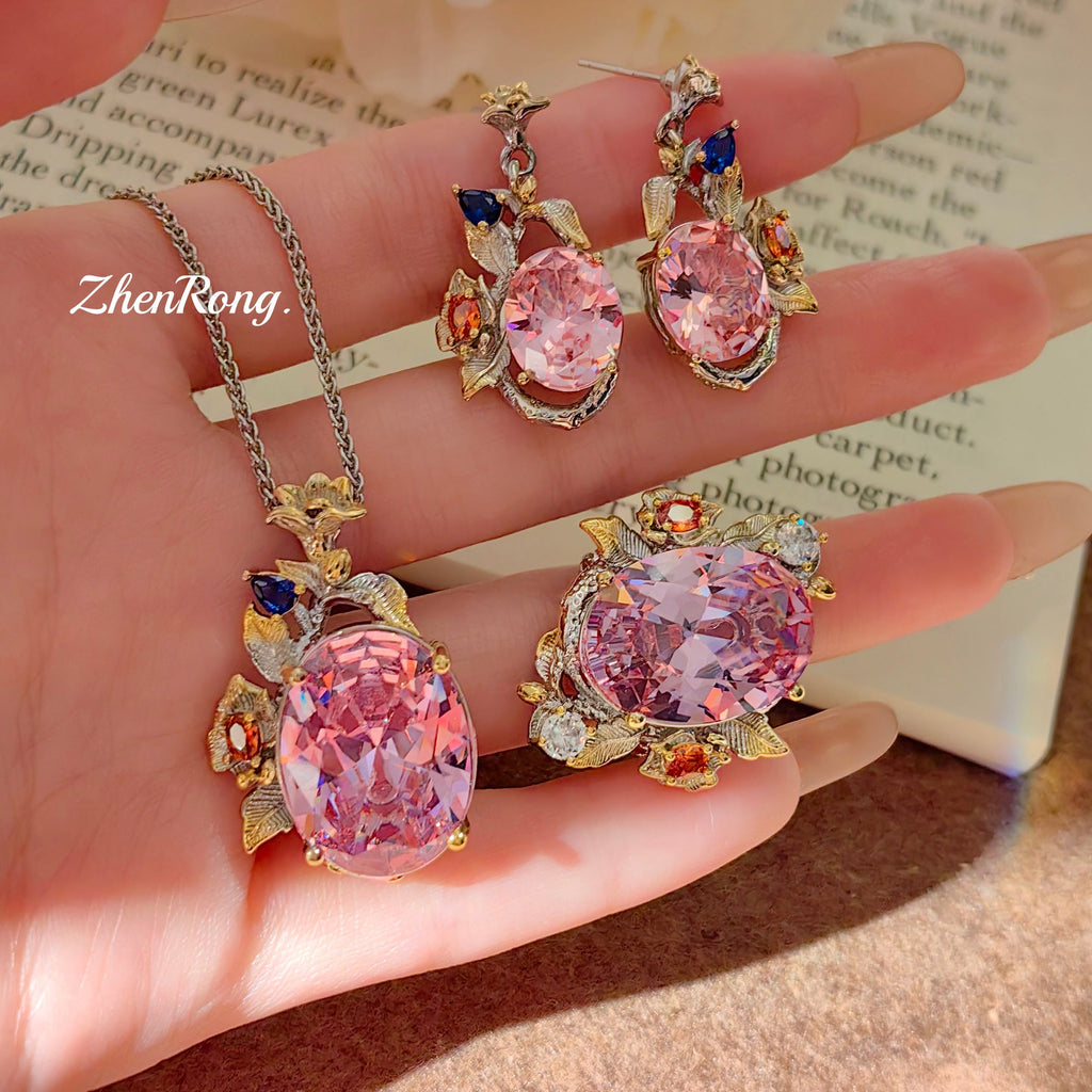 Italian Filigree Gem Set – Aqua Blue & Pink, with Chain