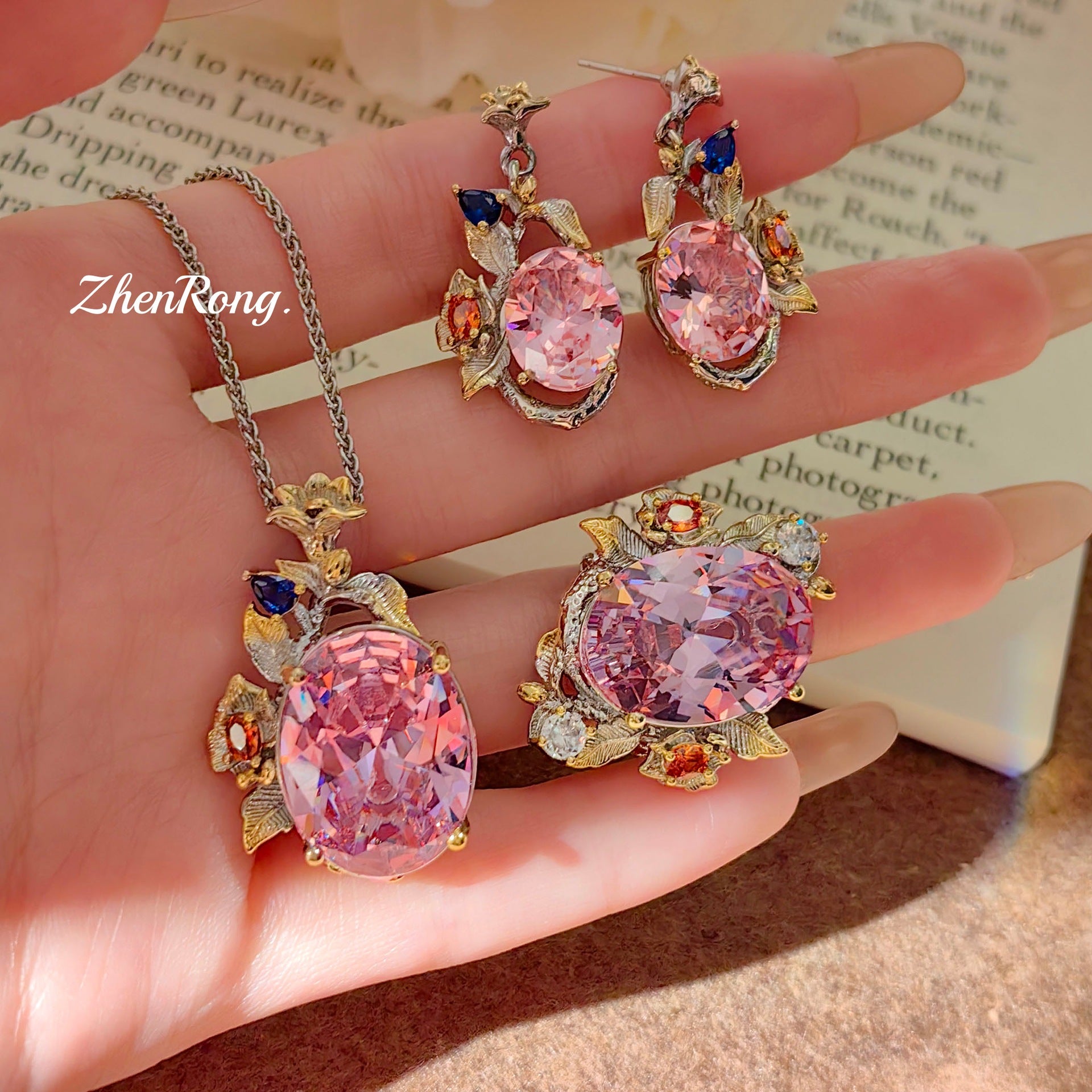 Italian Filigree Gem Set – Aqua Blue & Pink, with Chain