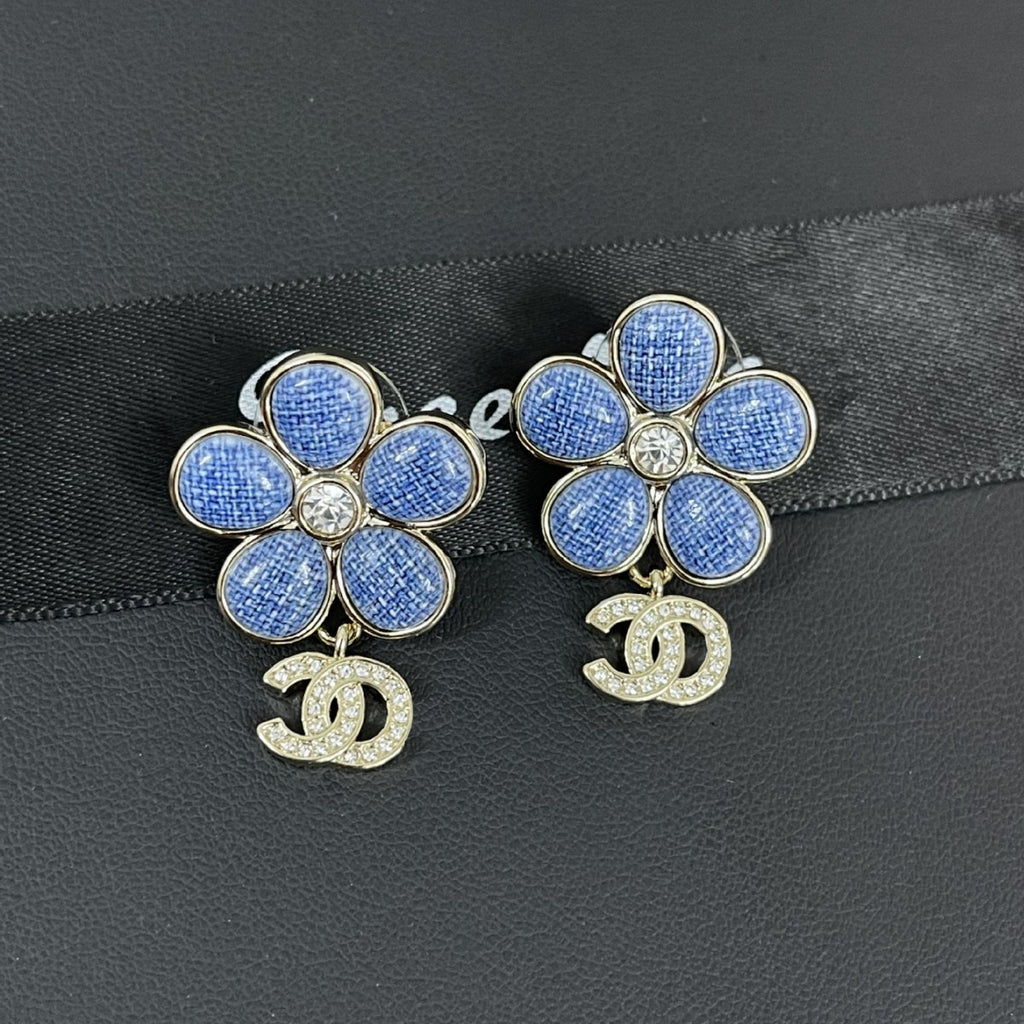 Blue Flower Double‑C Earrings – Cubic Zirconia Blossom with Interlocking C Detail