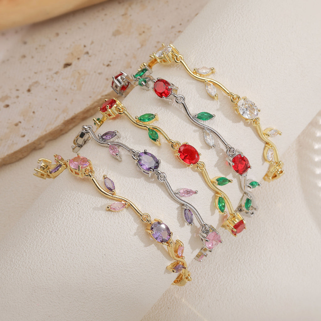 Tulip Bloom Bracelet – Leaf & Petal Design with Colored Zirconia