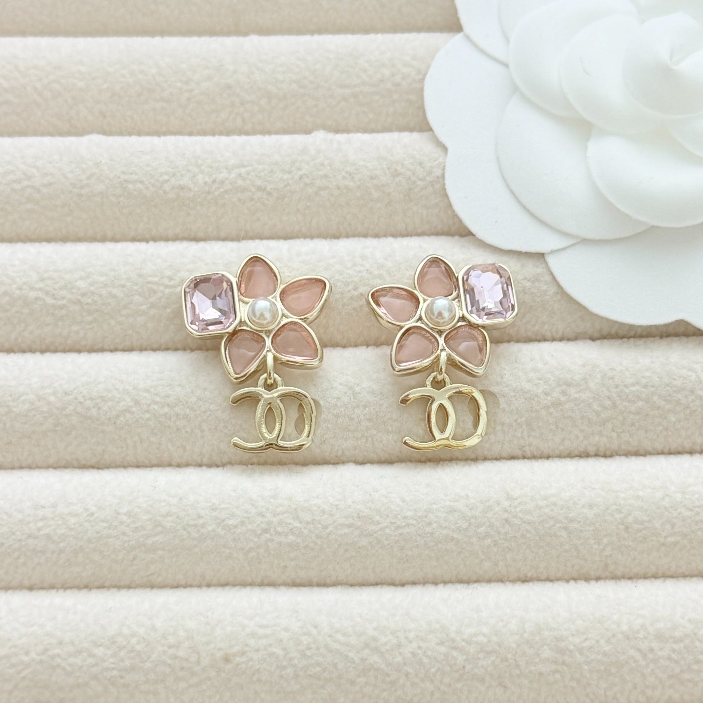 Cherry Blossom Square Diamond Earrings – CC Logo Studs in Gold Tone