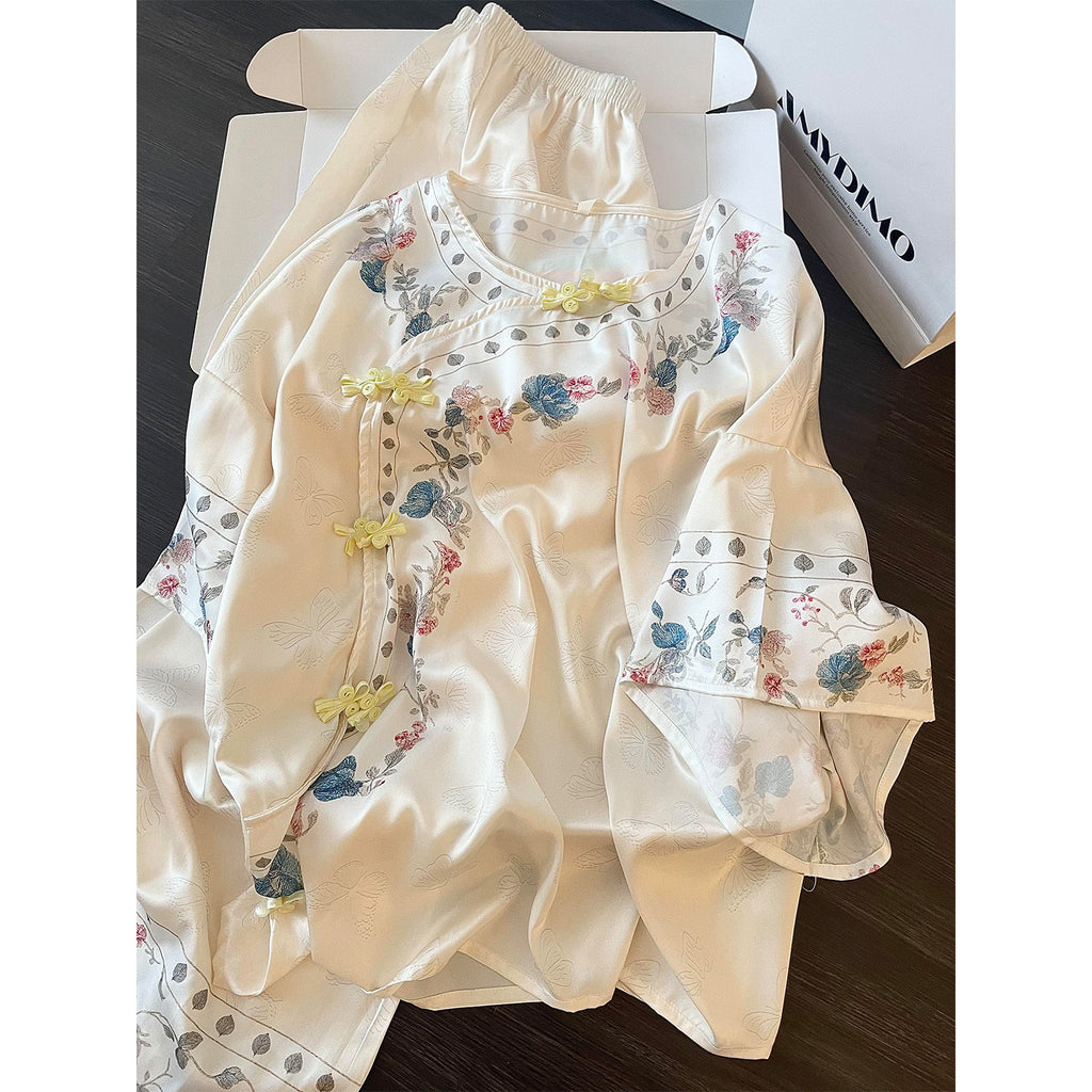 New Chinese Jacquard Short-Sleeve Pajama Set – Short Sleeve + Long Pants, S-3XL