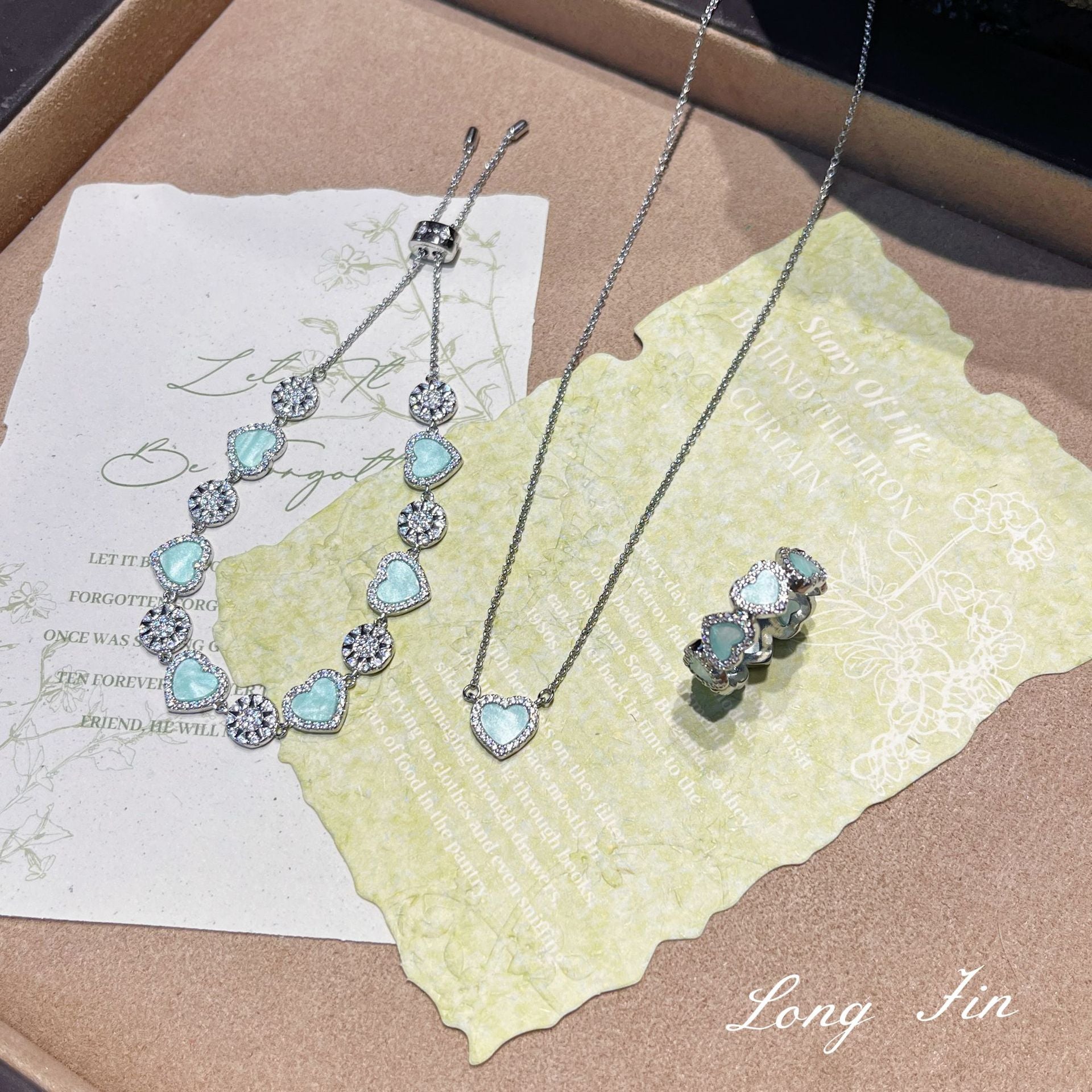 Lovely Heart Jewelry Gift Set – Mint Green Zirconia Necklace, Bracelet & Ring