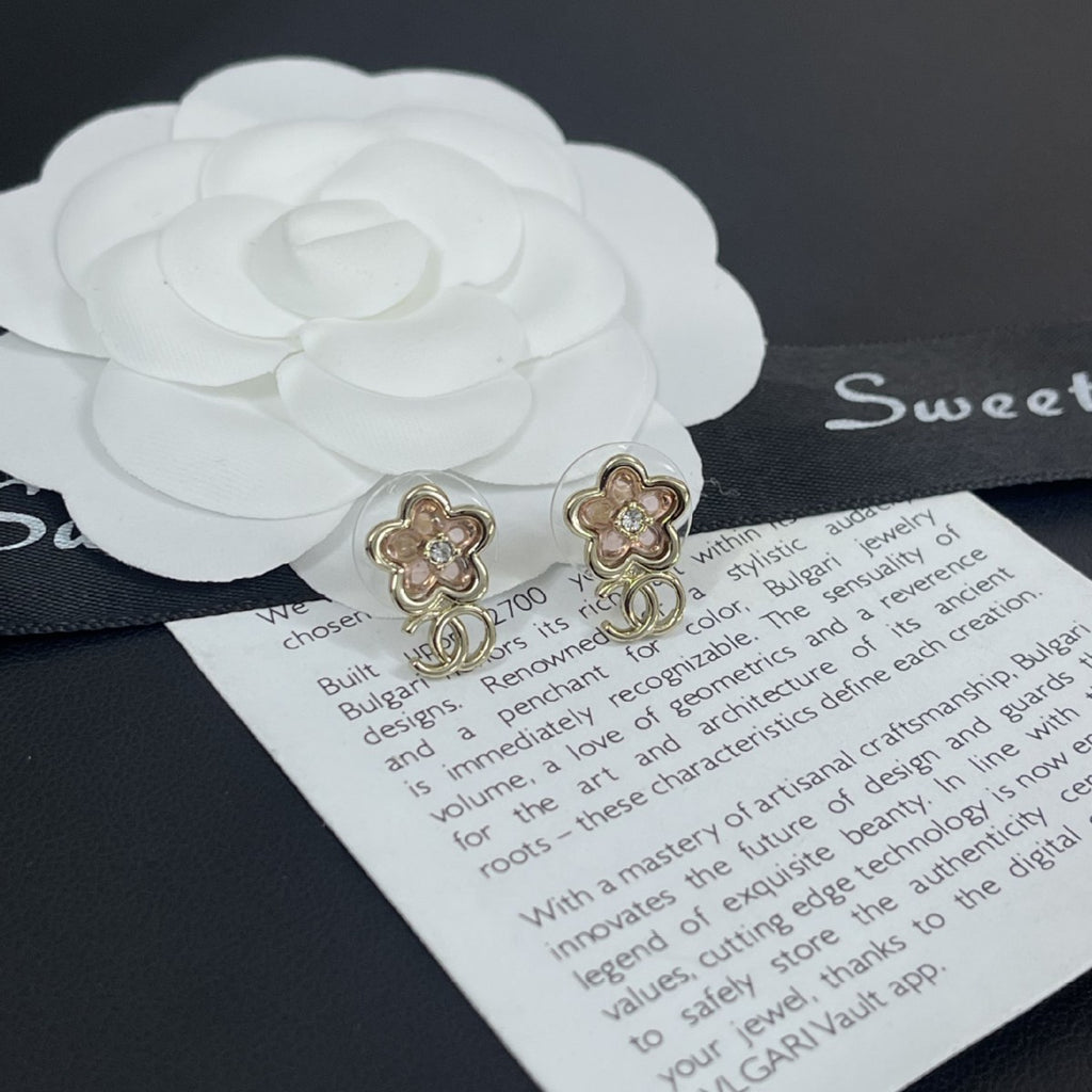 New early spring flower zircon stud earrings pink camellia small double cCC earrings 26CC simple stud earrings women