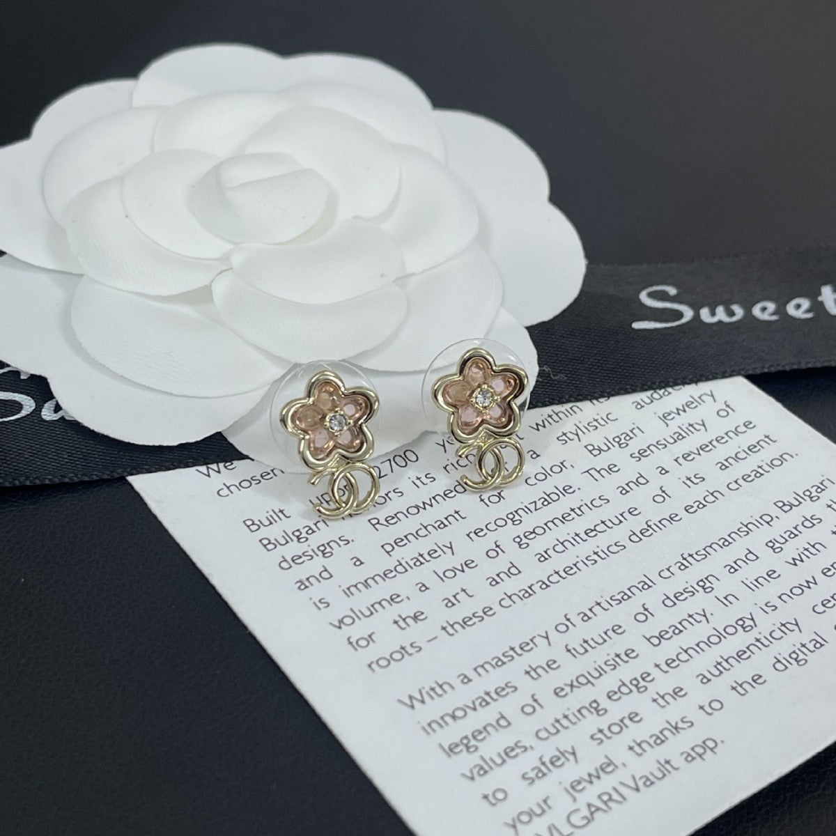 New early spring flower zircon stud earrings pink camellia small double cCC earrings 26CC simple stud earrings women
