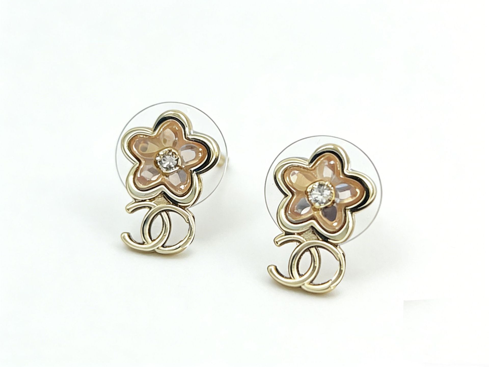 New early spring flower zircon stud earrings pink camellia small double cCC earrings 26CC simple stud earrings women
