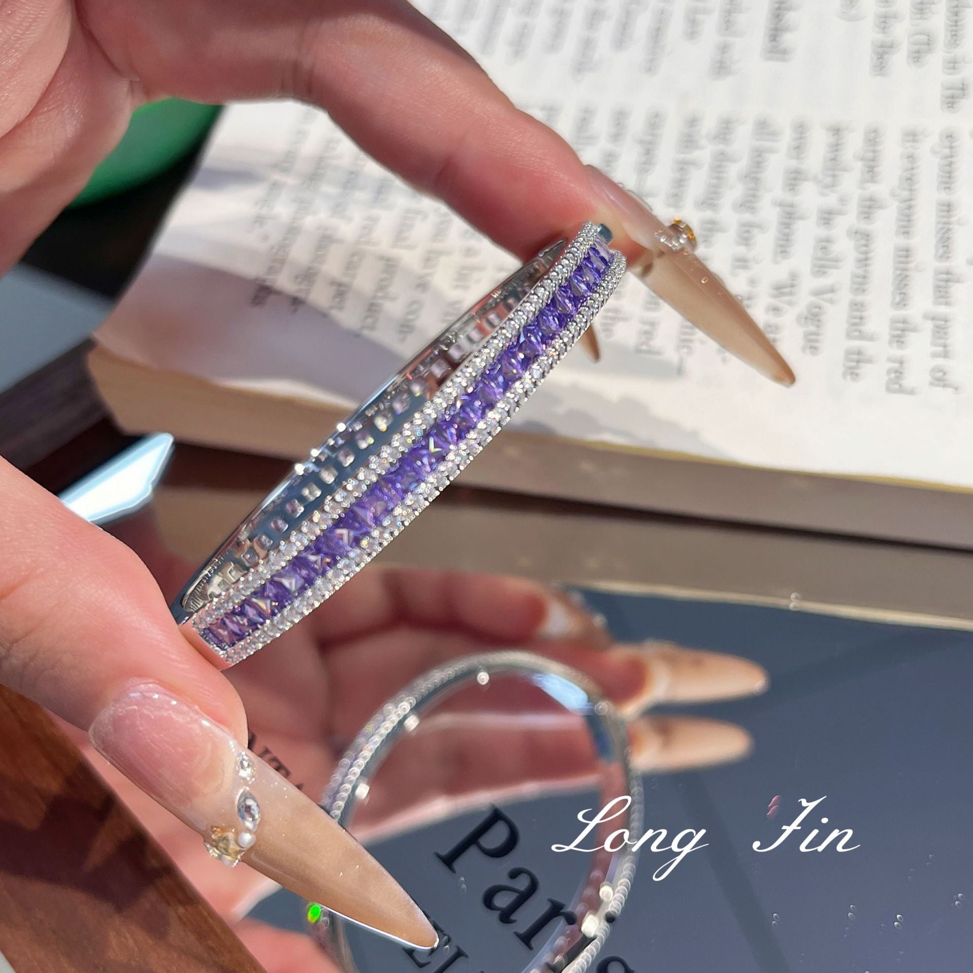 Purple Star Trail Bracelet Set – Full Pavé Cuff & Four-Leaf Clover Chain