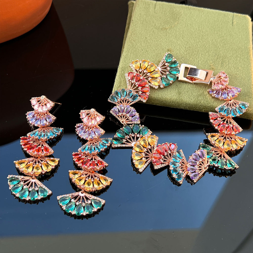 Rose Gold Gradient Fan Bracelet & Earrings – Rainbow Pavé