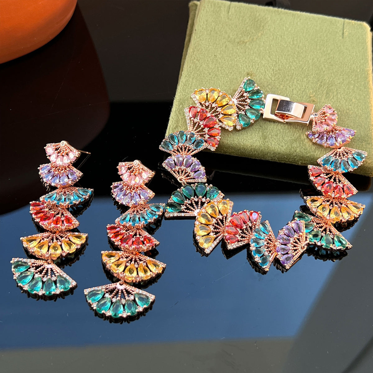 Rose Gold Gradient Fan Bracelet & Earrings – Rainbow Pavé
