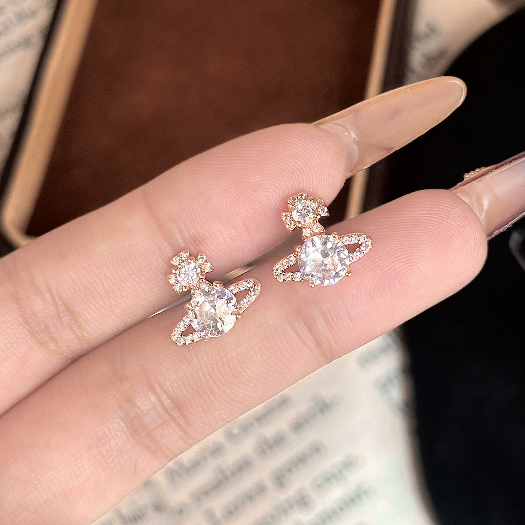 Micro Pavé Planet Earrings – Champagne or White Gold, 925 Silver Posts
