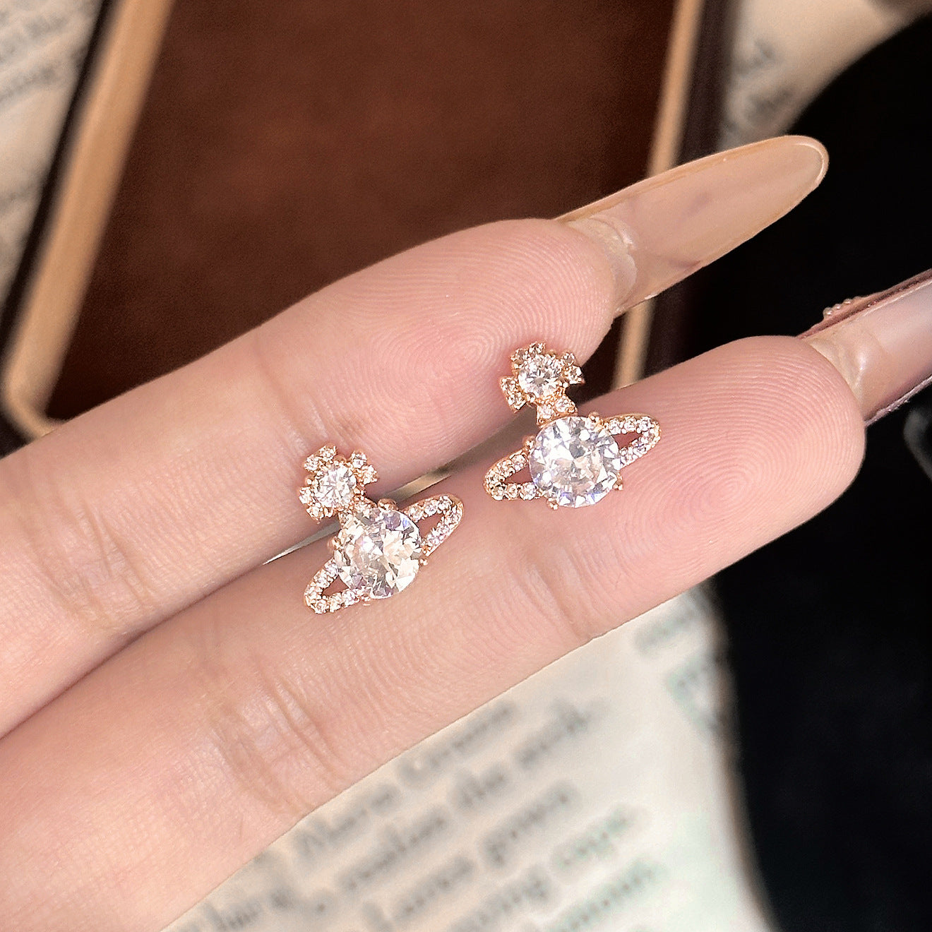 Micro Pavé Planet Earrings – Champagne or White Gold, 925 Silver Posts