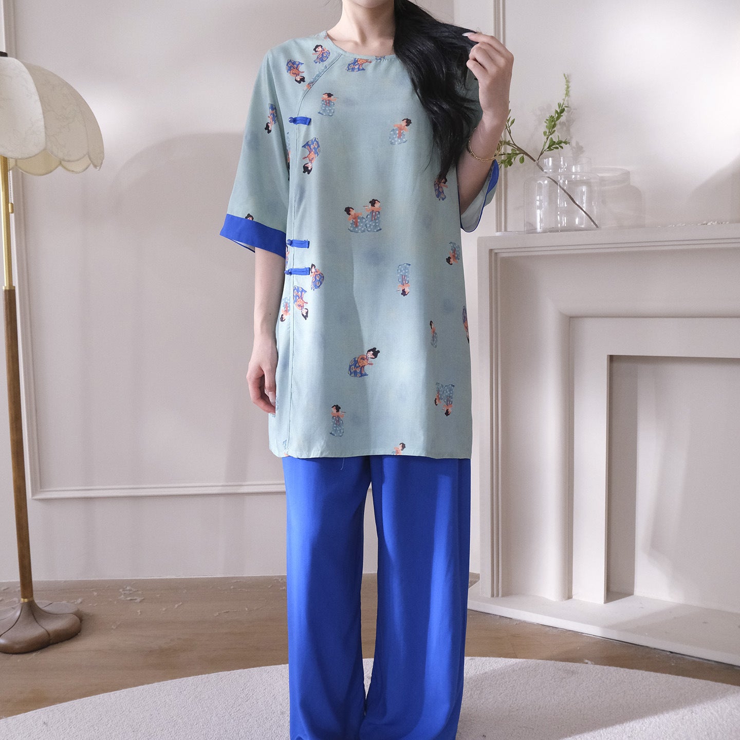 Flowy Wide-Leg Loungewear – Vintage Oriental Print, One Size Fits Most