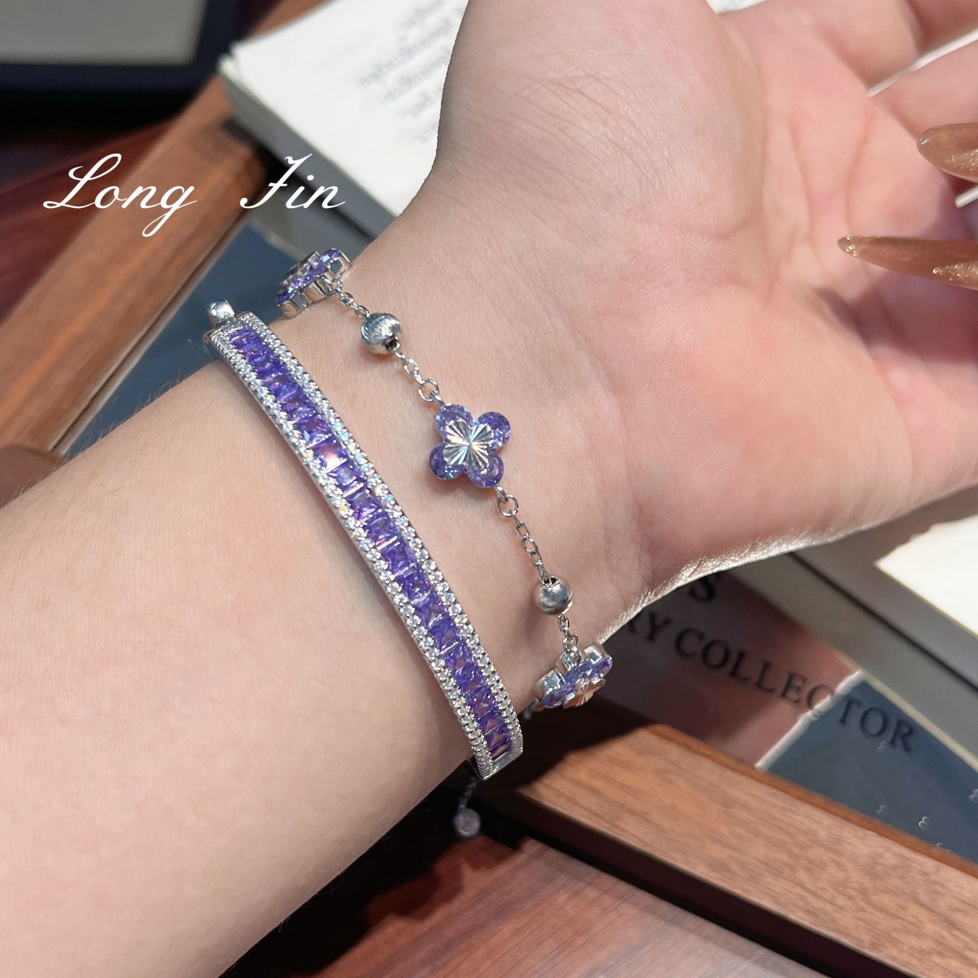 Purple Star Trail Bracelet Set – Full Pavé Cuff & Four-Leaf Clover Chain
