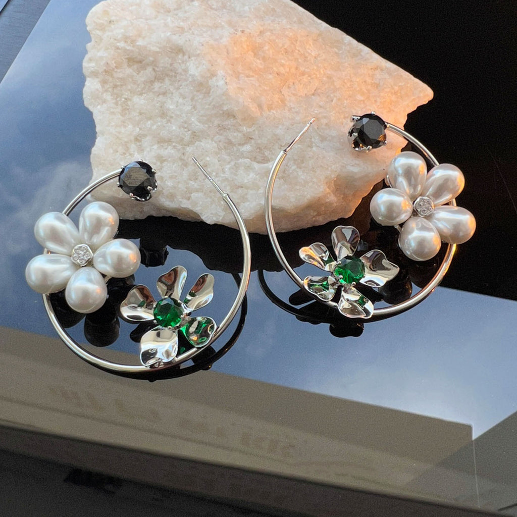 Silver Flower Pearl Earrings – Micro Pavé Zirconia, Sweet & Edgy
