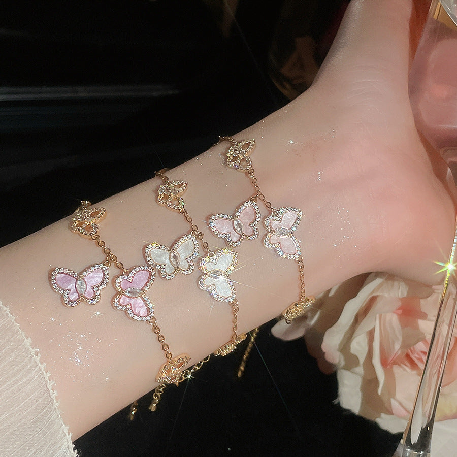 Layered Butterfly Chain Bracelet – Vintage Gold Tone with Purple/Pink/White/Blue Zirconia