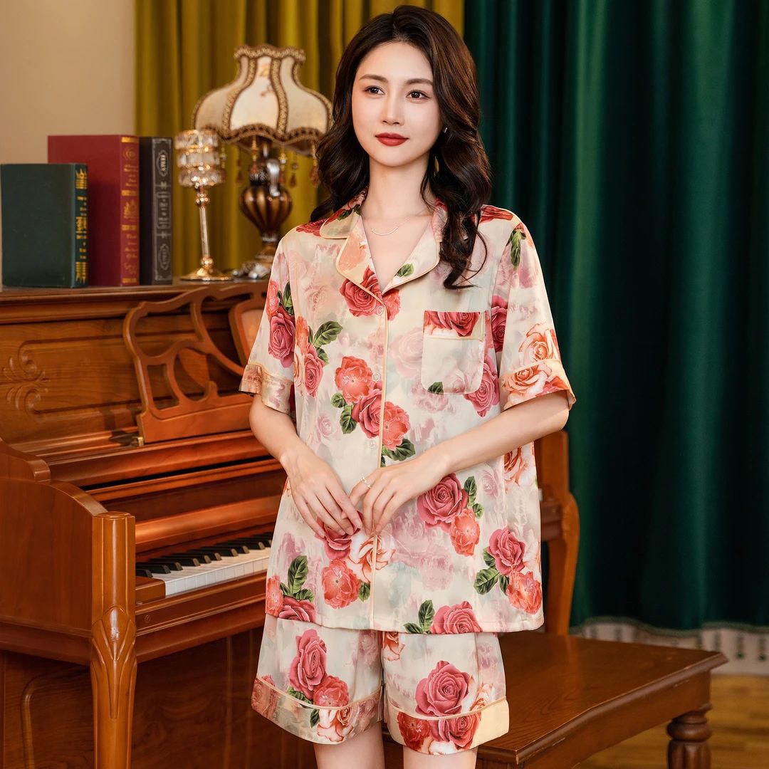 Silk-Feel Pajama Set – Short Sleeve, 3-Piece Shorts/Long Pants