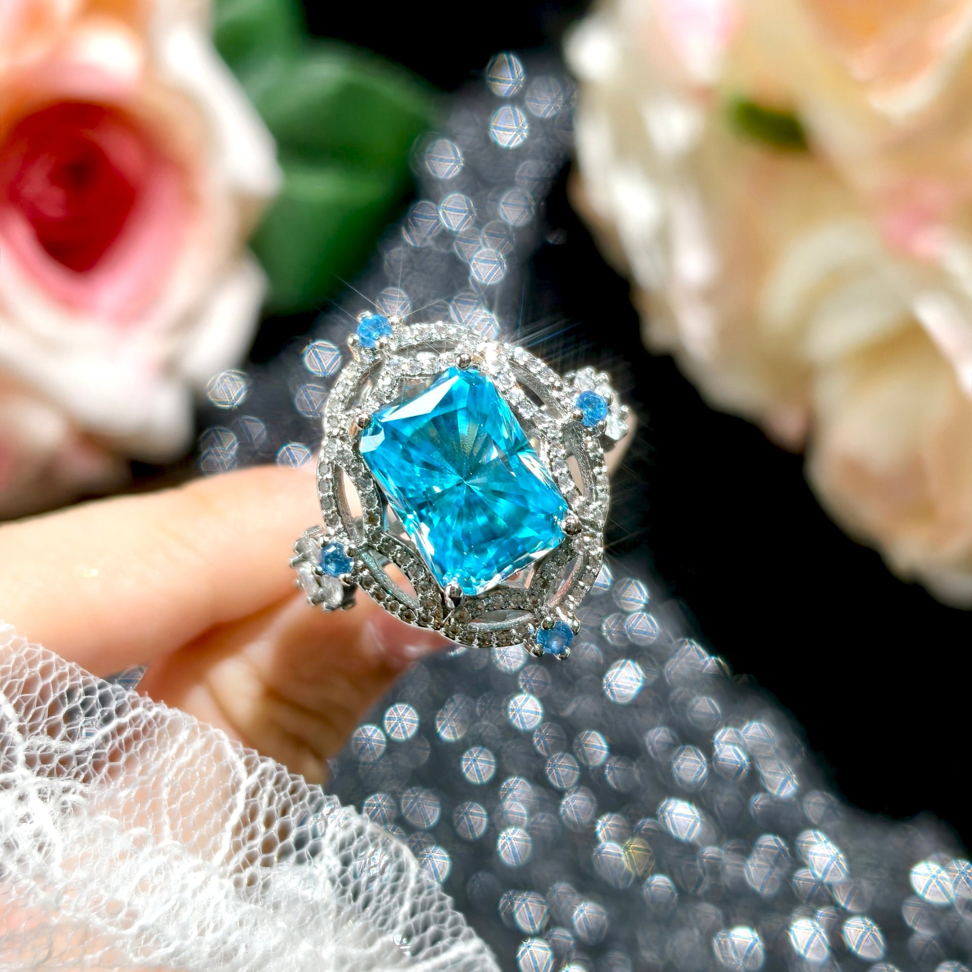 Radiant Cut Aqua Zirconia Set – Pendant, Chain, Ring & Earrings