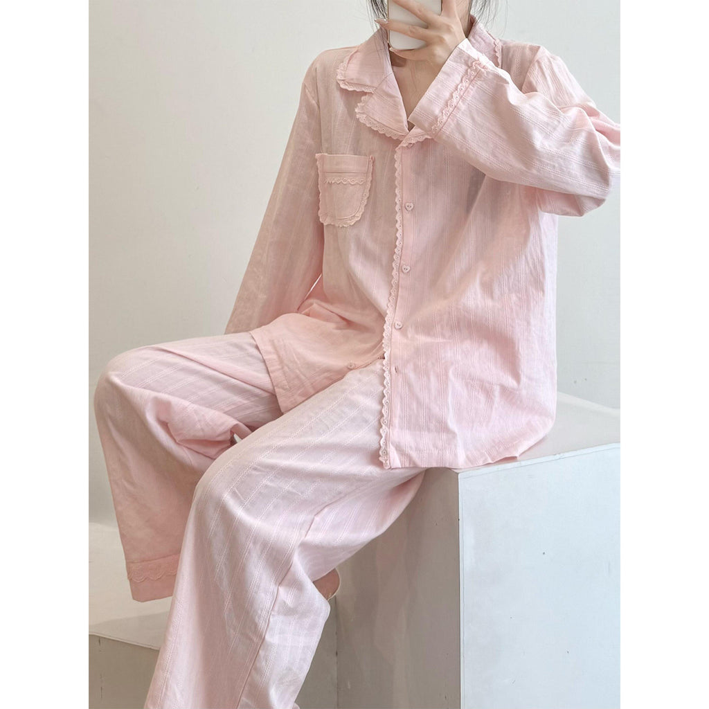 Spring Floral Lace Pajama Set – Lightweight Cotton Loungewear in Blue, White & Pink