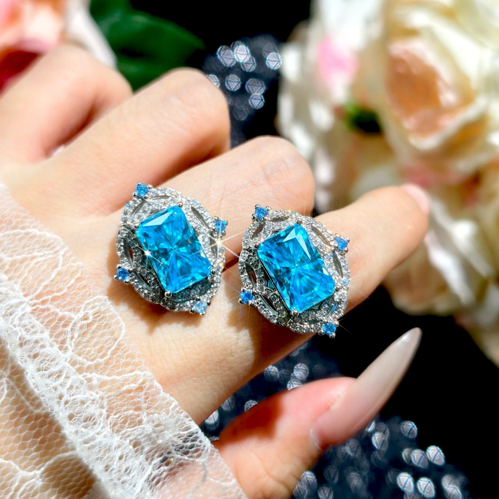 Radiant Cut Aqua Zirconia Set – Pendant, Chain, Ring & Earrings