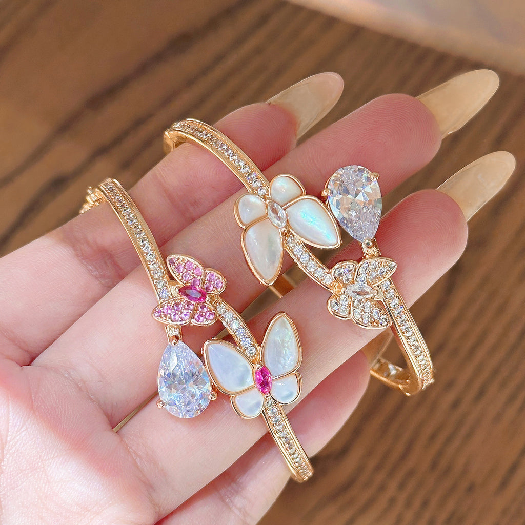 Mother‑of‑Pearl Butterfly Bracelet – Full Pavé, White or Red