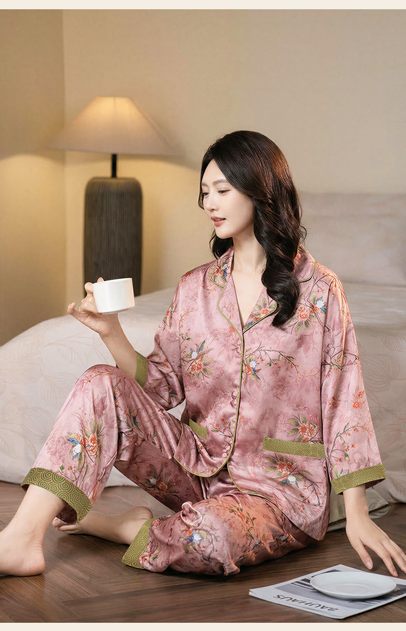 "Pink Shadow" Floral 3-Piece Pajama Set – Loose Fit, Ice-Silk
