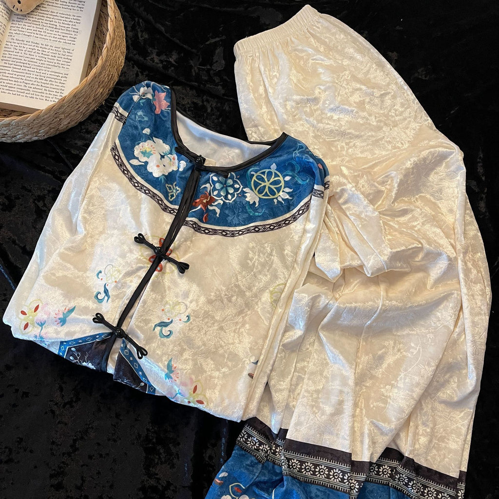 Velvet Floral Pajama Set – Chinese Elegance, Long Sleeve + Pants, S-3XL
