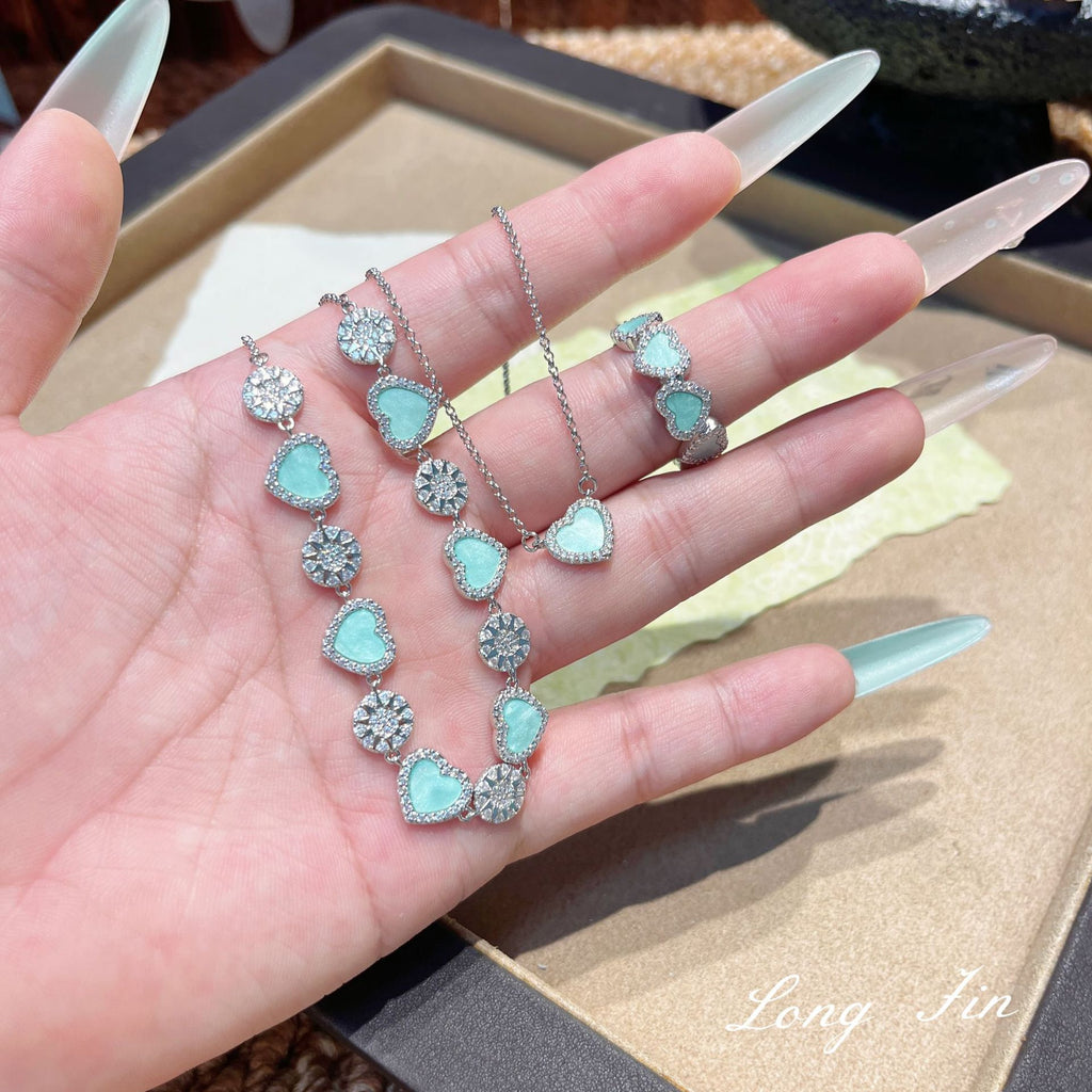 Lovely Heart Jewelry Gift Set – Mint Green Zirconia Necklace, Bracelet & Ring