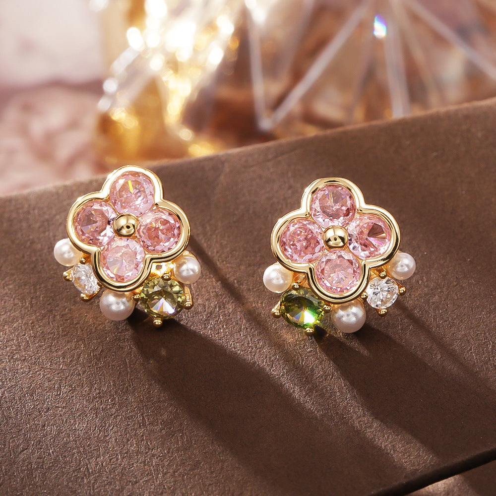 Pink Zircon Flower Earrings | Fairycore Nature Jewelry for Women