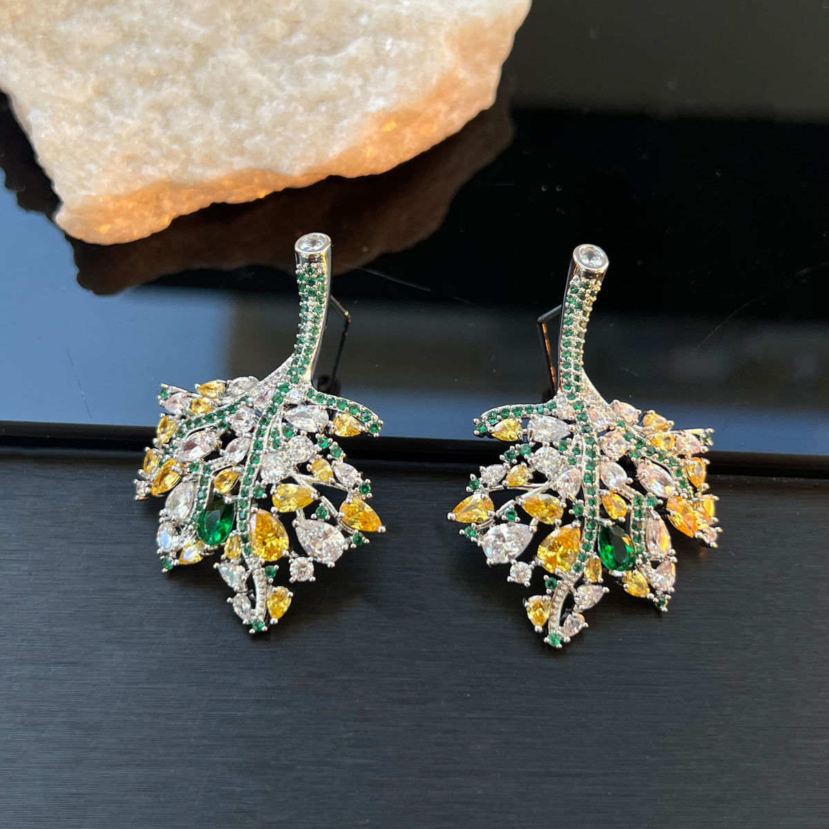 Hollow Leaf Zircon Stud Earrings