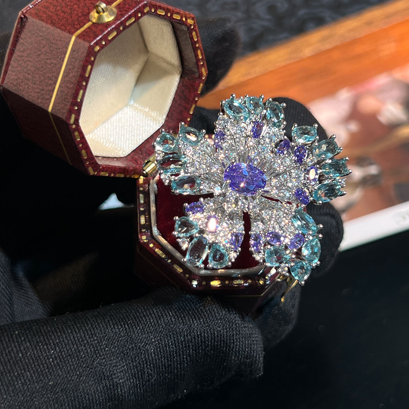 Pavé Flower Ring – Blue or Pink, Adjustable Open Band